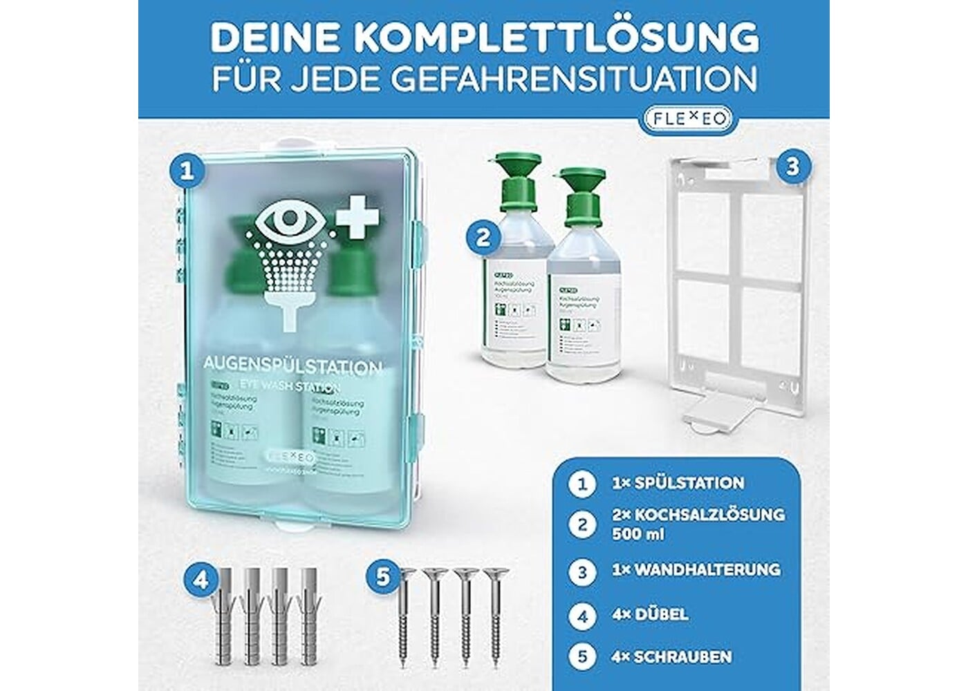 Rexar Emergency Eyewash Station with 2 × 500 ml Sterile Saline Solution Bottles and Wall Mount