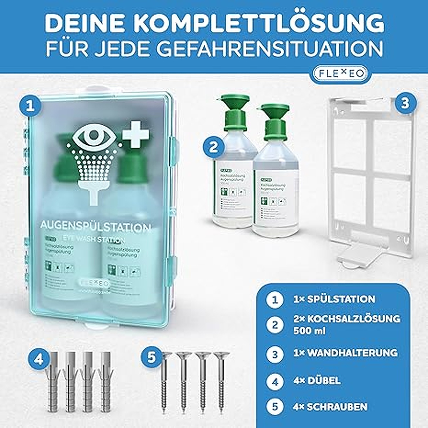 Rexar Emergency Eyewash Station with 2 × 500 ml Sterile Saline Solution Bottles and Wall Mount