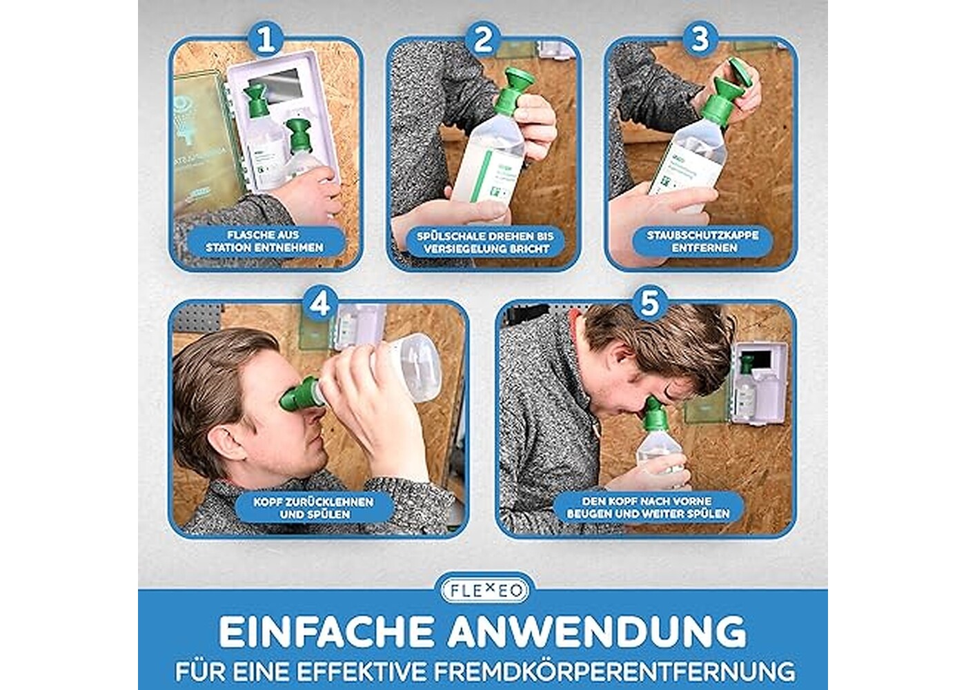 Rexar Emergency Eyewash Station with 2 × 500 ml Sterile Saline Solution Bottles and Wall Mount