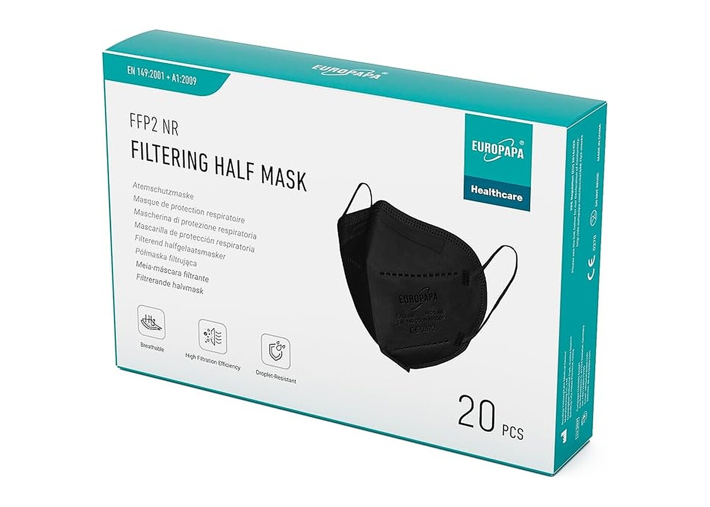 Rexar FFP2 Face Masks Black 5-Layer Respirators – Individually Packed, Pack of 20