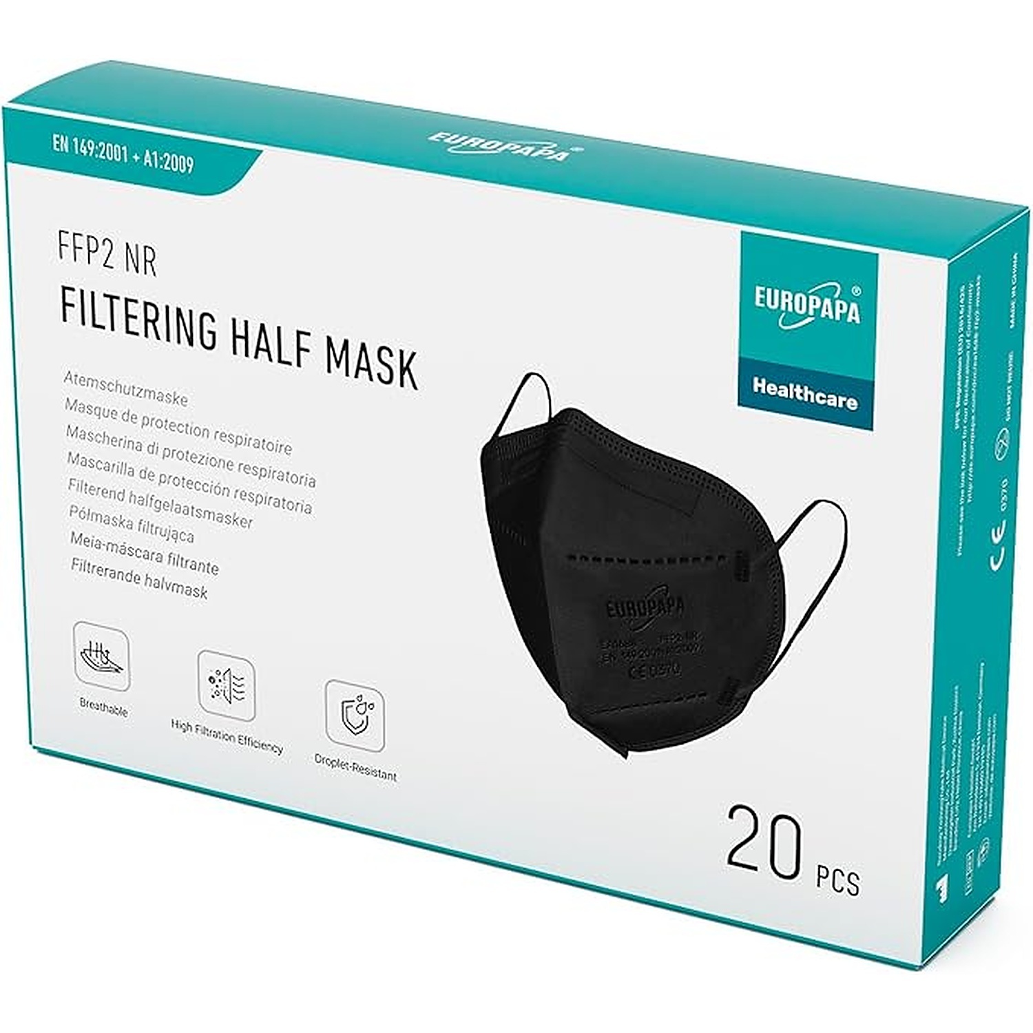 Rexar FFP2 Face Masks Black 5-Layer Respirators – Individually Packed, Pack of 20