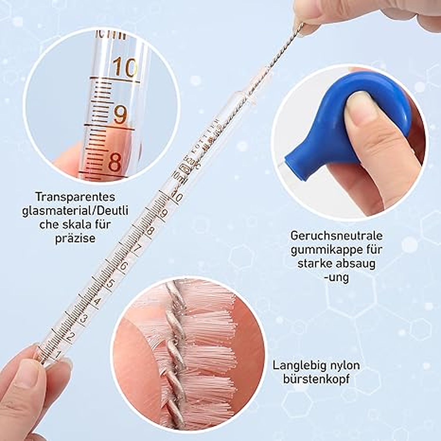 Rexar 10 ml Graduated Glass Measuring Pipettes with Rubber Bulbs and Cleaning Brush (2 Pack)