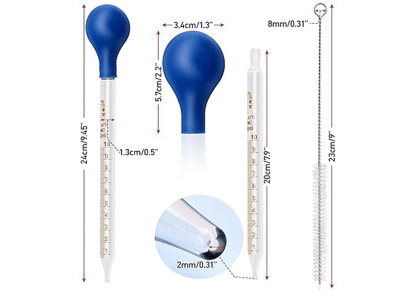 Rexar 10 ml Graduated Glass Measuring Pipettes with Rubber Bulbs and Cleaning Brush (2 Pack)