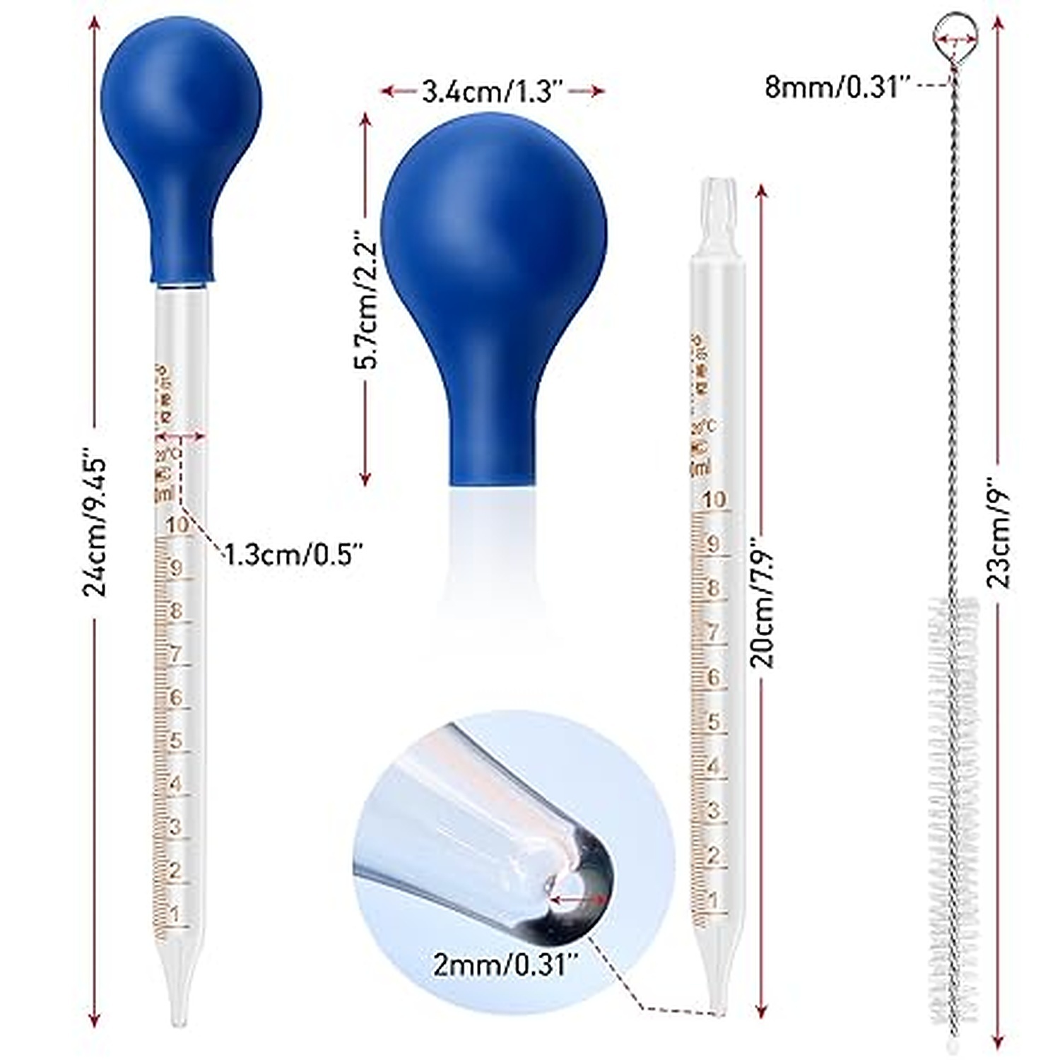 Rexar 10 ml Graduated Glass Measuring Pipettes with Rubber Bulbs and Cleaning Brush (2 Pack)