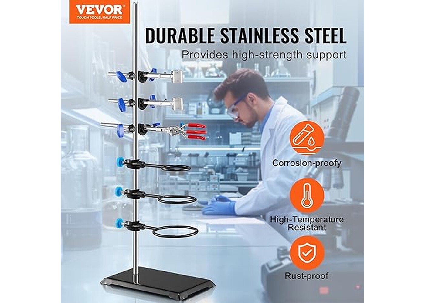 Rexar Support de laboratoire avec pinces et base en fonte – Support inox 60 cm