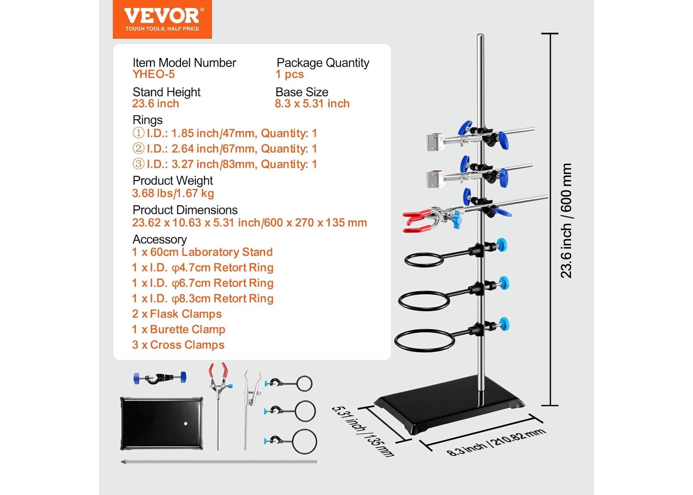 Rexar Support de laboratoire avec pinces et base en fonte – Support inox 60 cm
