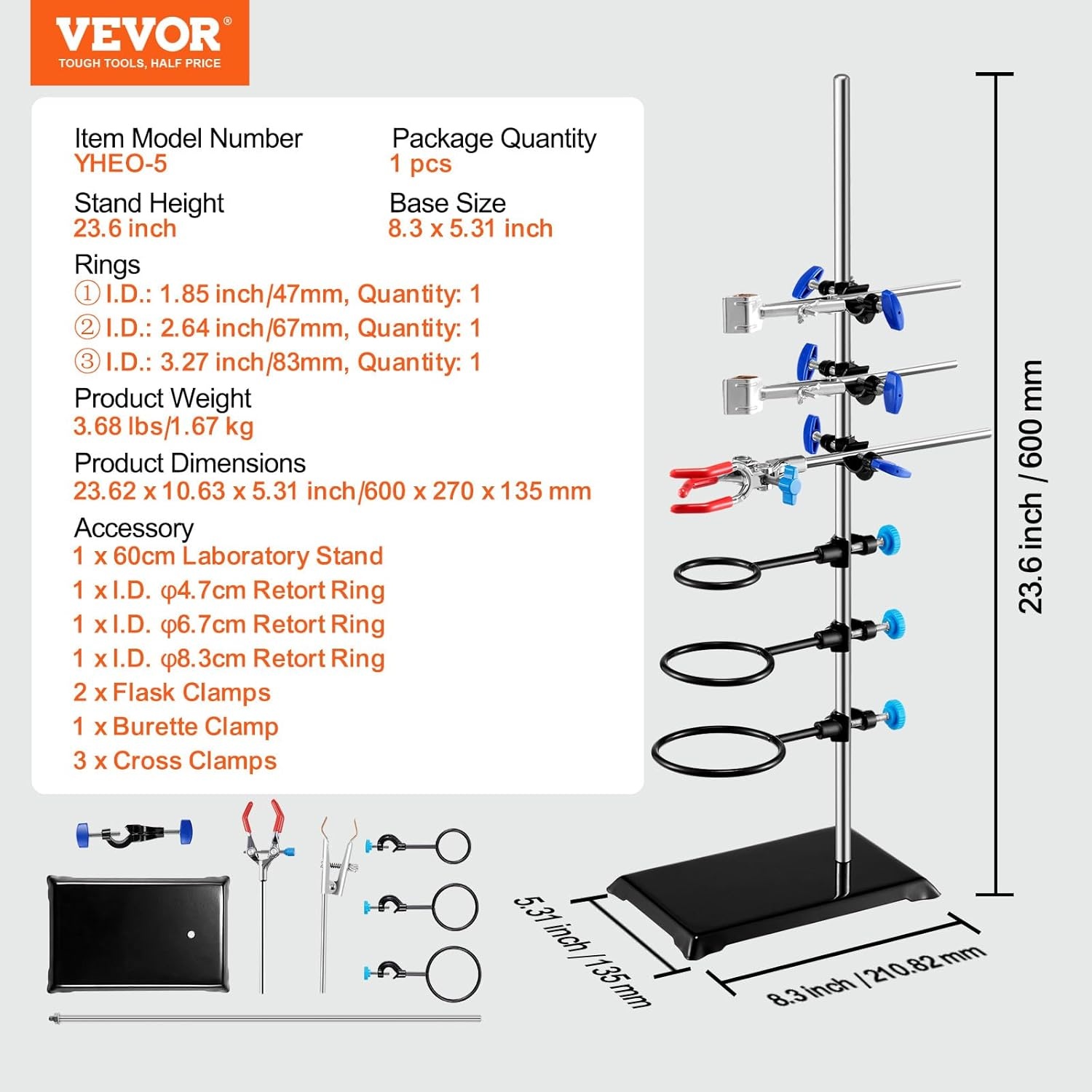 Rexar Support de laboratoire avec pinces et base en fonte – Support inox 60 cm