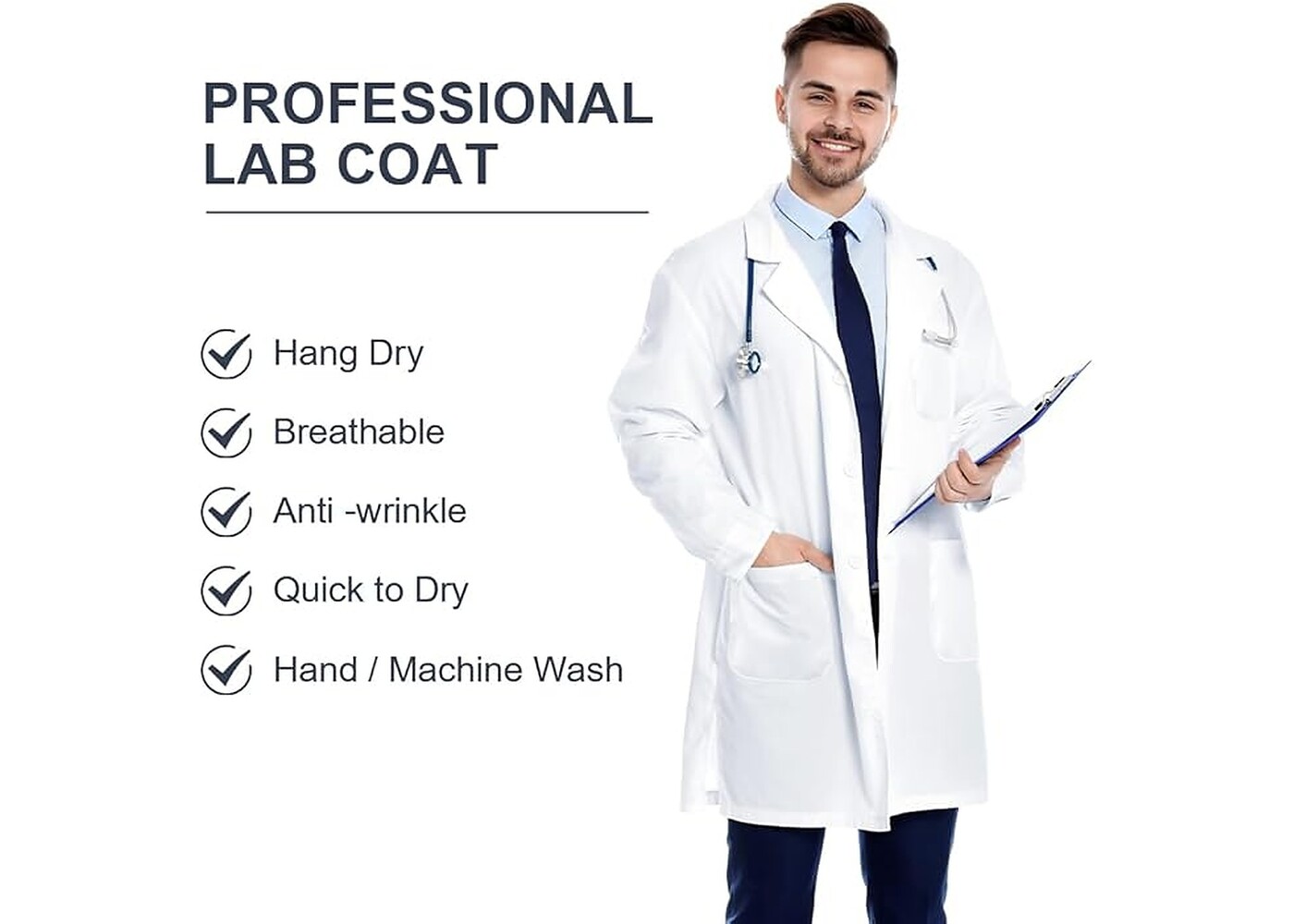 Rexar White Laboratory Coat with Long Sleeves and Storage Pockets – Unisex Lab Coat