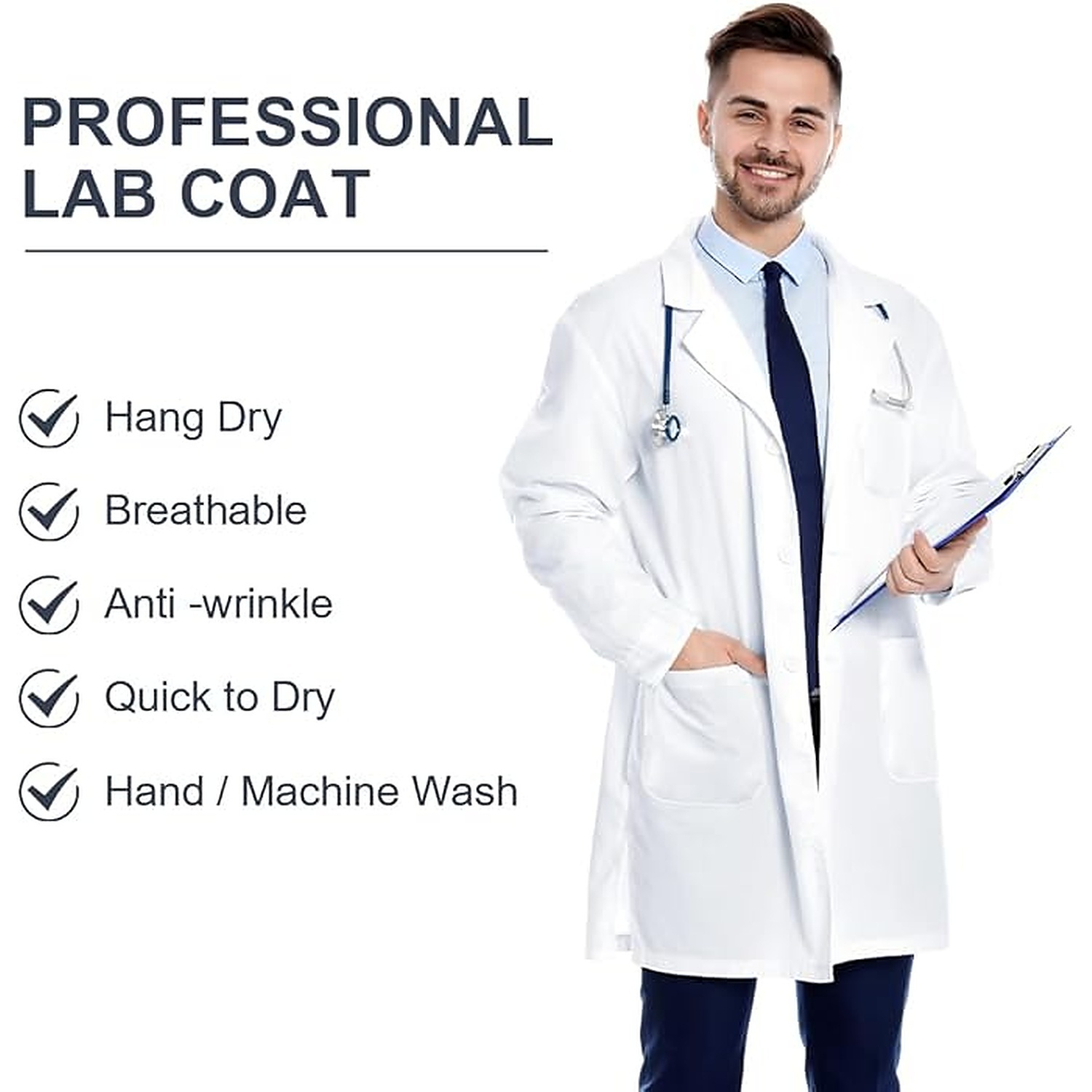 Rexar White Laboratory Coat with Long Sleeves and Storage Pockets – Unisex Lab Coat