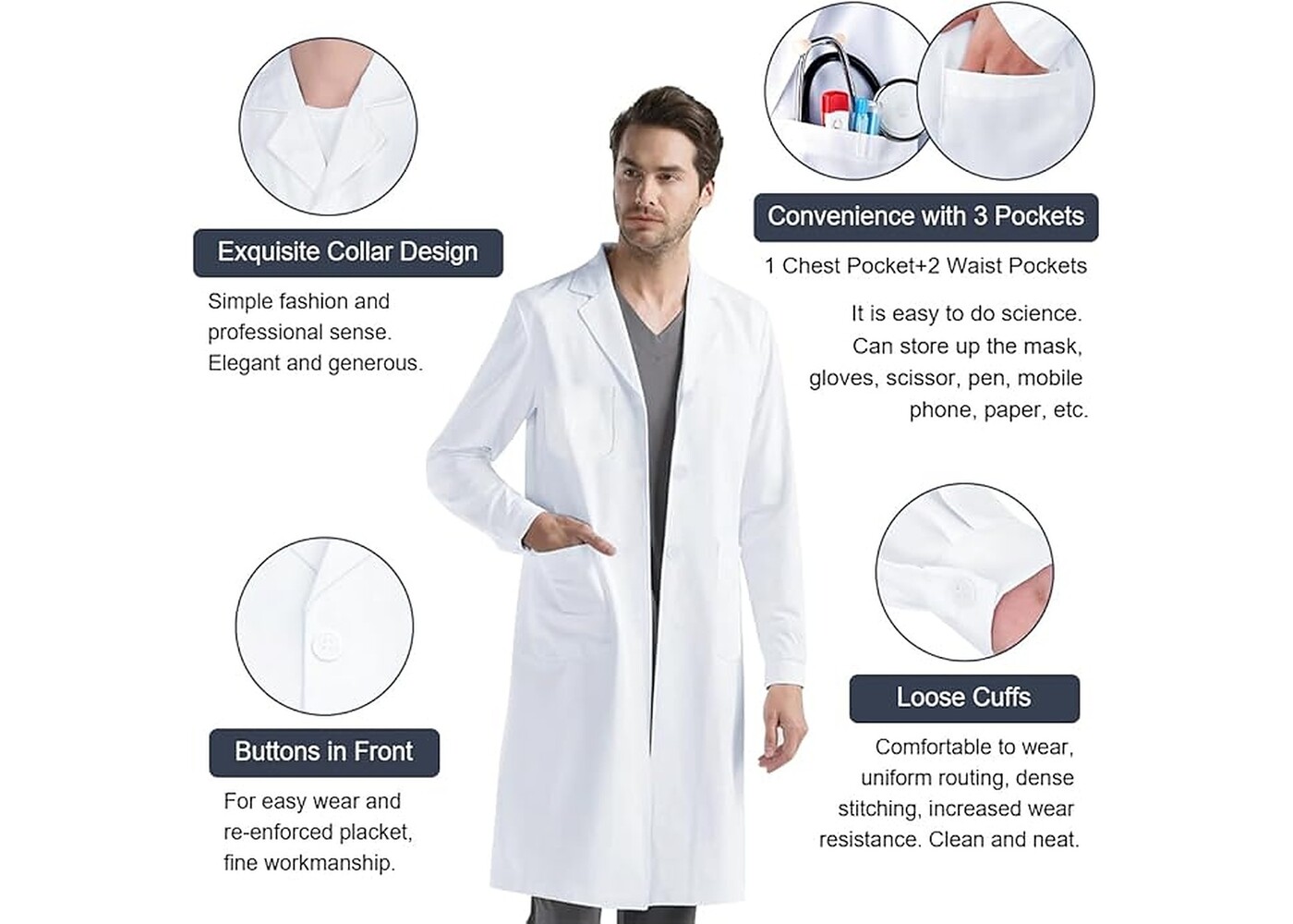 Rexar White Laboratory Coat with Long Sleeves and Storage Pockets – Unisex Lab Coat