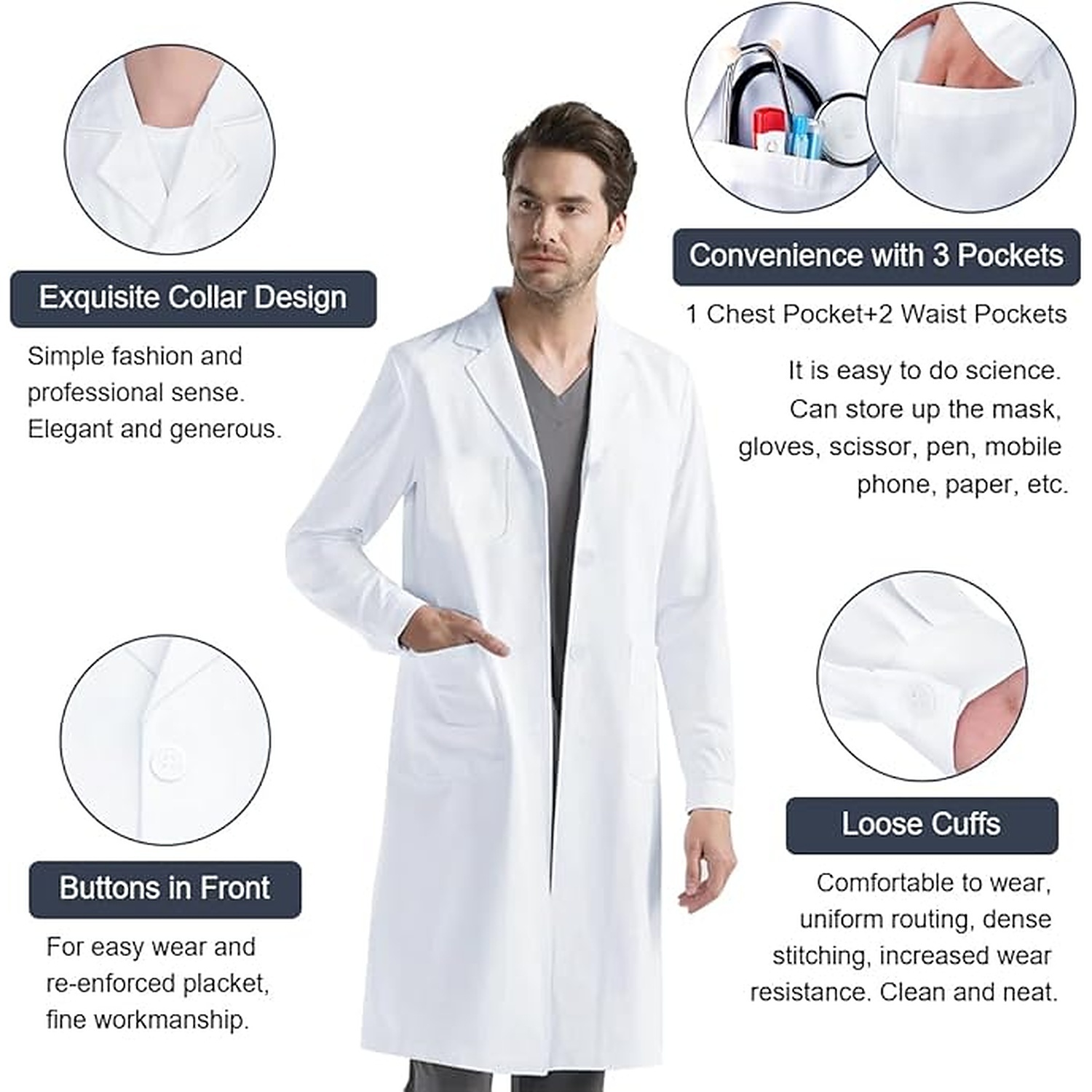 Rexar White Laboratory Coat with Long Sleeves and Storage Pockets – Unisex Lab Coat