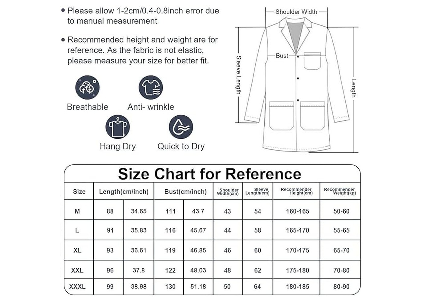 Rexar White Laboratory Coat with Long Sleeves and Storage Pockets – Unisex Lab Coat