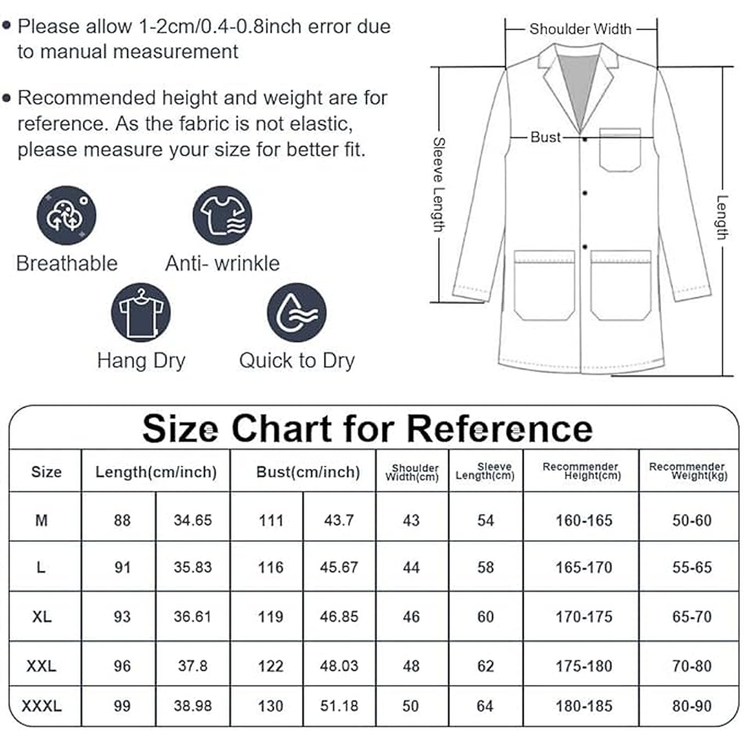 Rexar White Laboratory Coat with Long Sleeves and Storage Pockets – Unisex Lab Coat