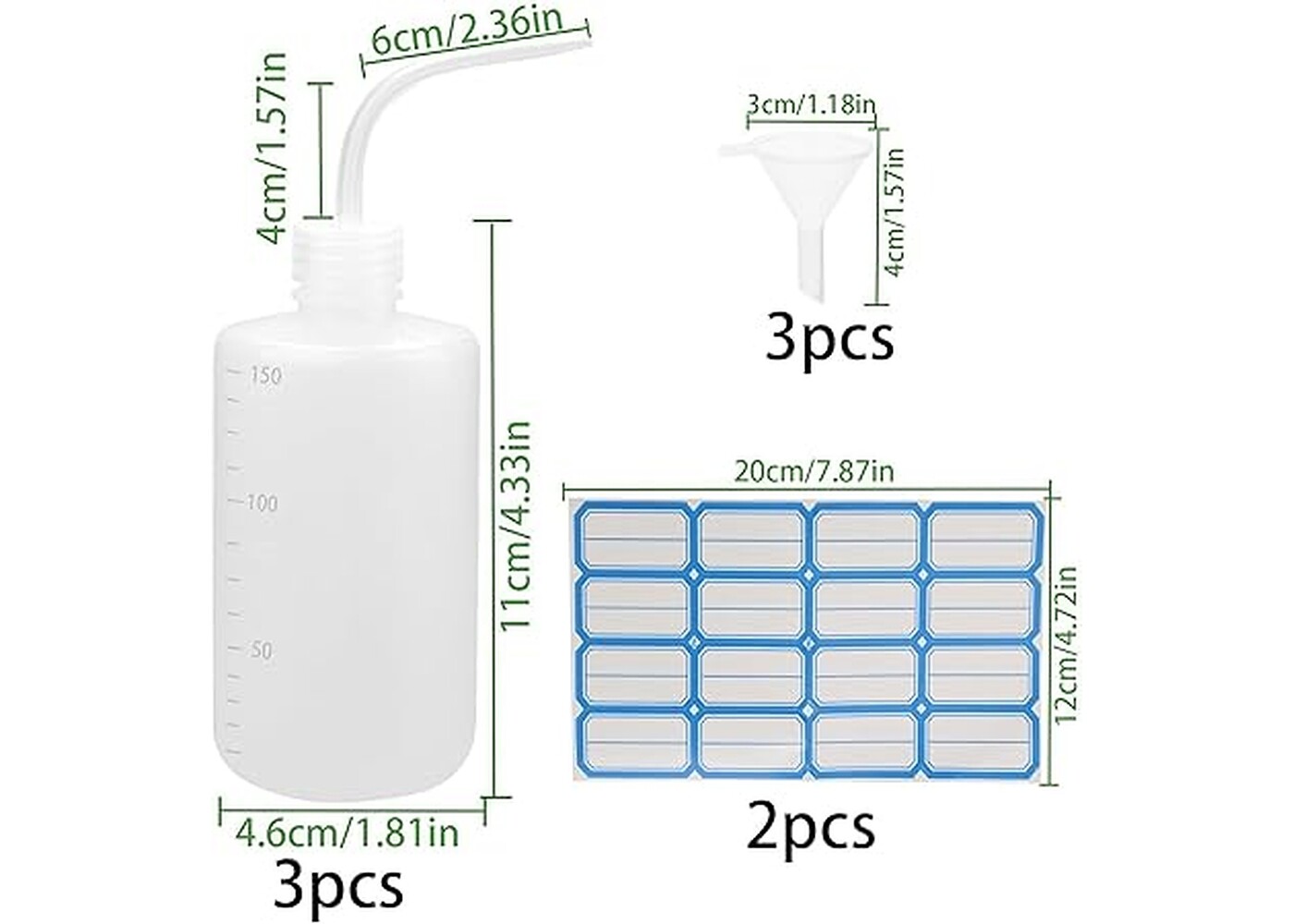 Rexar Laboratory Wash Bottles 150 ml with Curved Spout and Funnel – Pack of 3