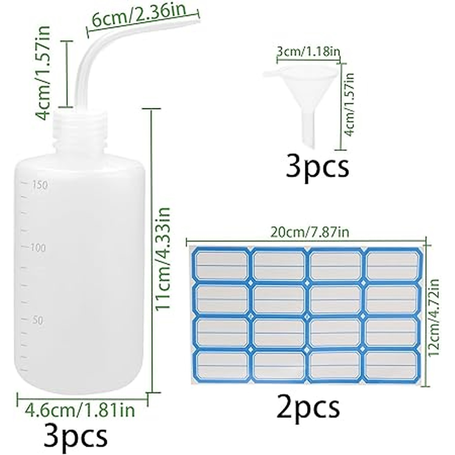 Rexar Laboratory Wash Bottles 150 ml with Curved Spout and Funnel – Pack of 3