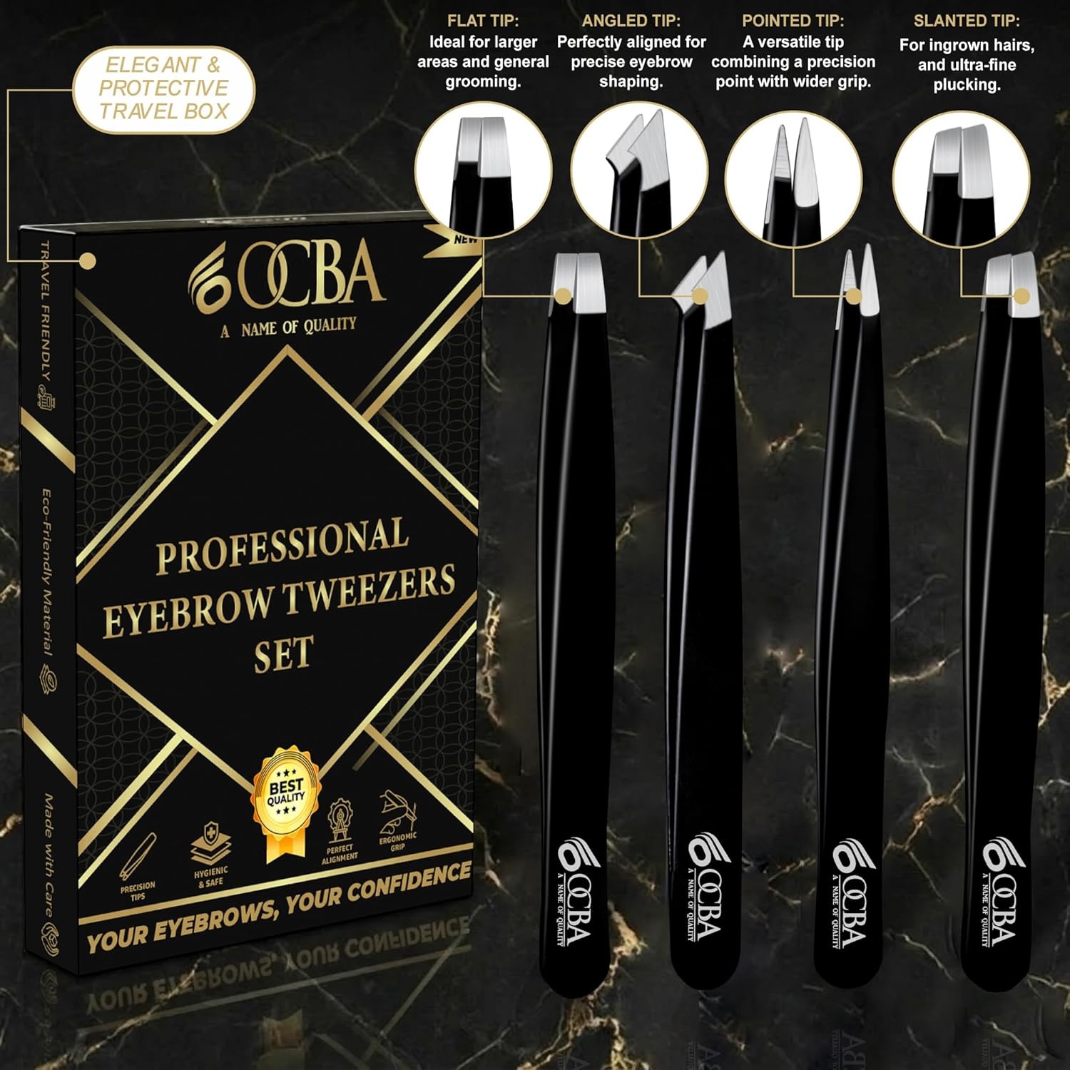 Rexar Stainless Steel Precision Tweezers Set – 4 Different Tip Styles with Storage Case