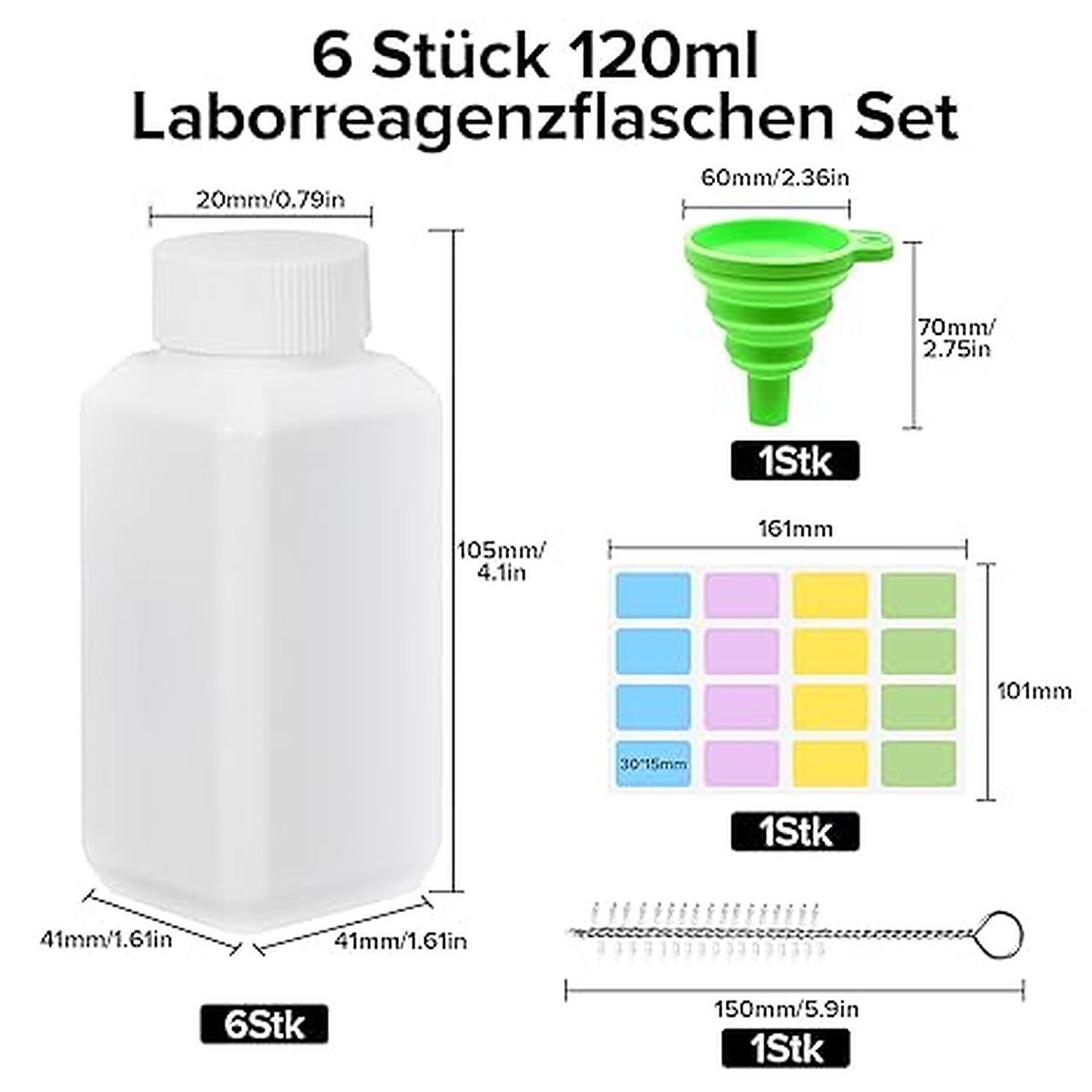 Rexar HDPE Reagent Bottles 120 ml with Screw Caps – Leakproof Laboratory Bottles, Pack of 6