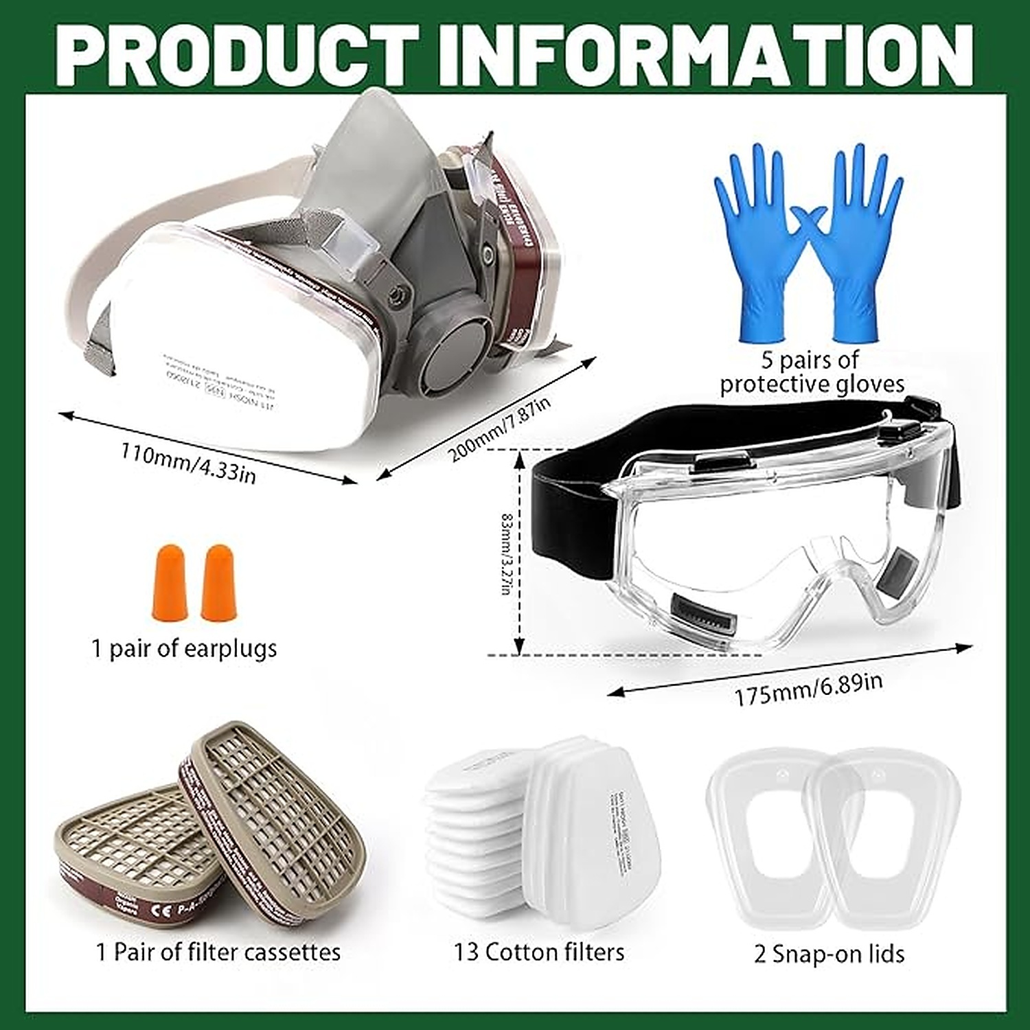 Rexar Reusable Half Face Respirator Mask Set with Dual Filters, Safety Goggles and Accessories