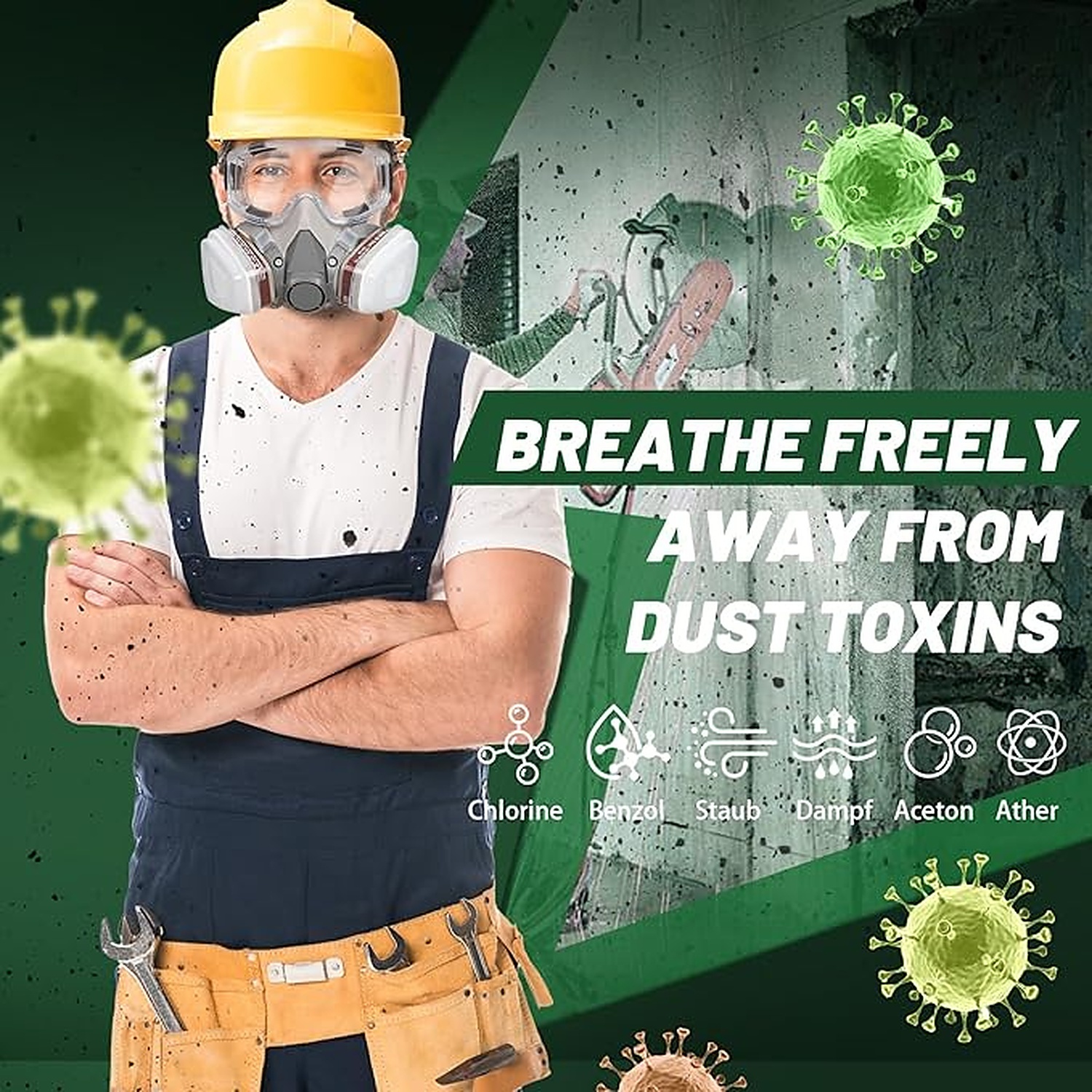 Rexar Reusable Half Face Respirator Mask Set with Dual Filters, Safety Goggles and Accessories