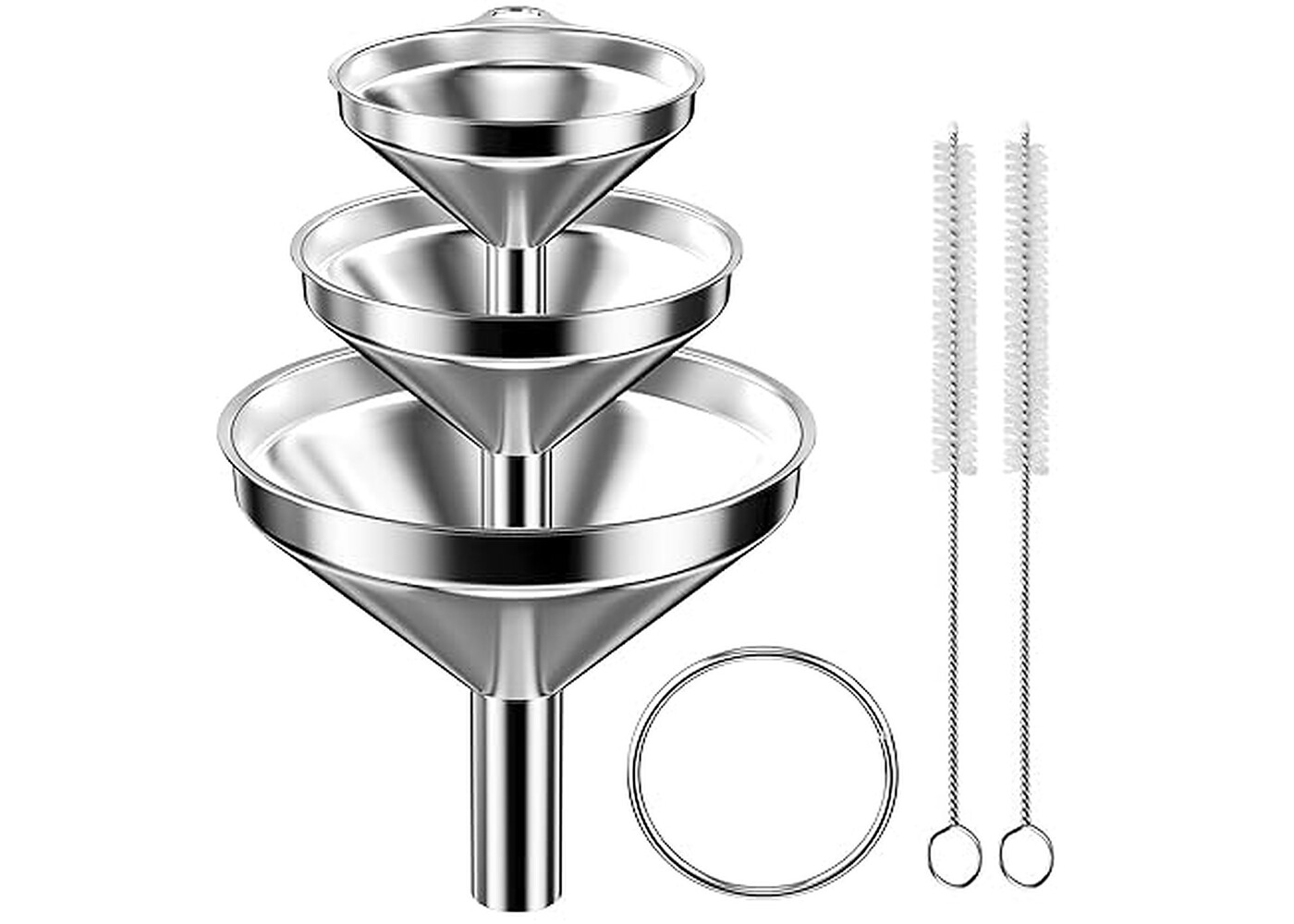 Rexar Stainless Steel Funnel Set with Cleaning Brushes – 3 Sizes (4.5, 5.5 and 7.5 cm)