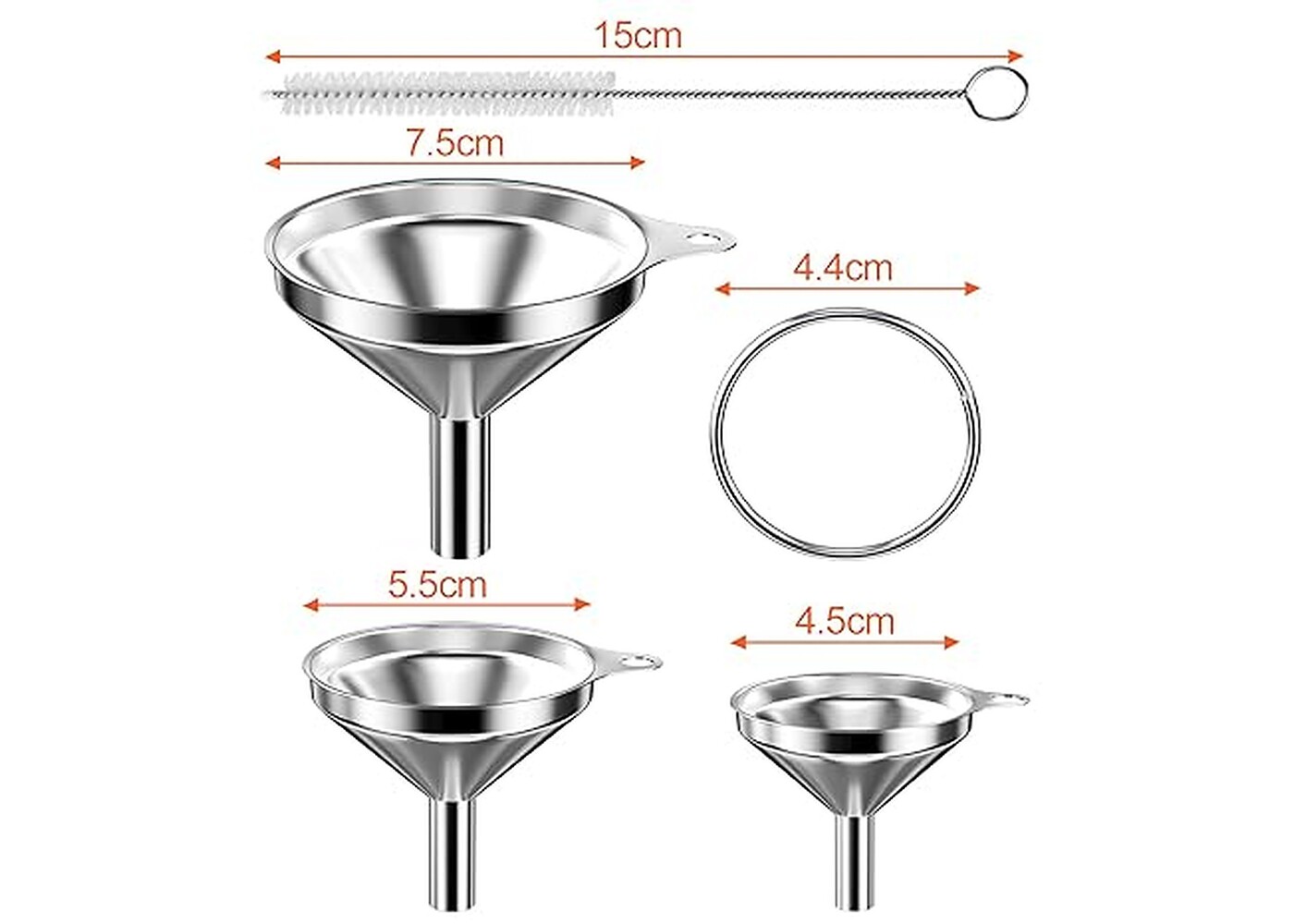 Rexar Stainless Steel Funnel Set with Cleaning Brushes – 3 Sizes (4.5, 5.5 and 7.5 cm)