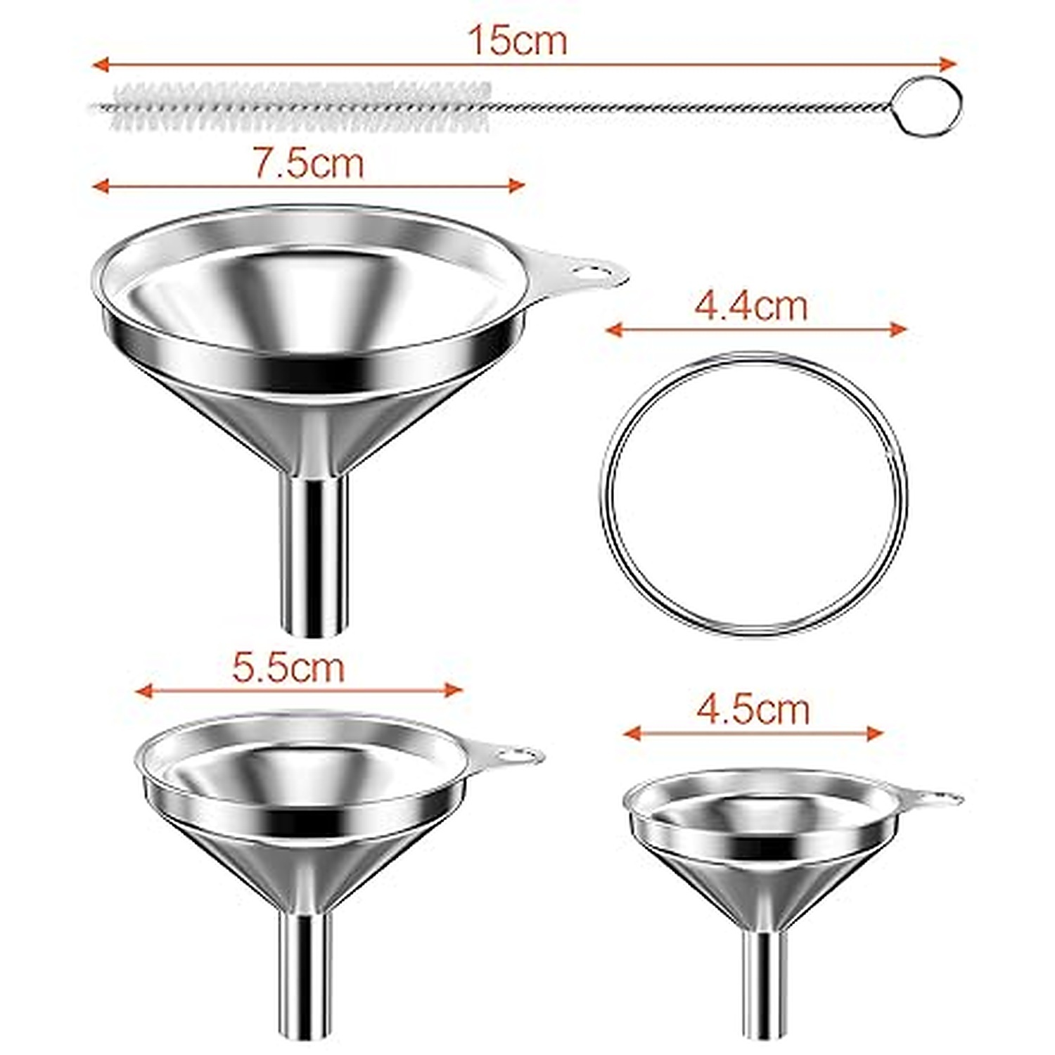 Rexar Stainless Steel Funnel Set with Cleaning Brushes – 3 Sizes (4.5, 5.5 and 7.5 cm)
