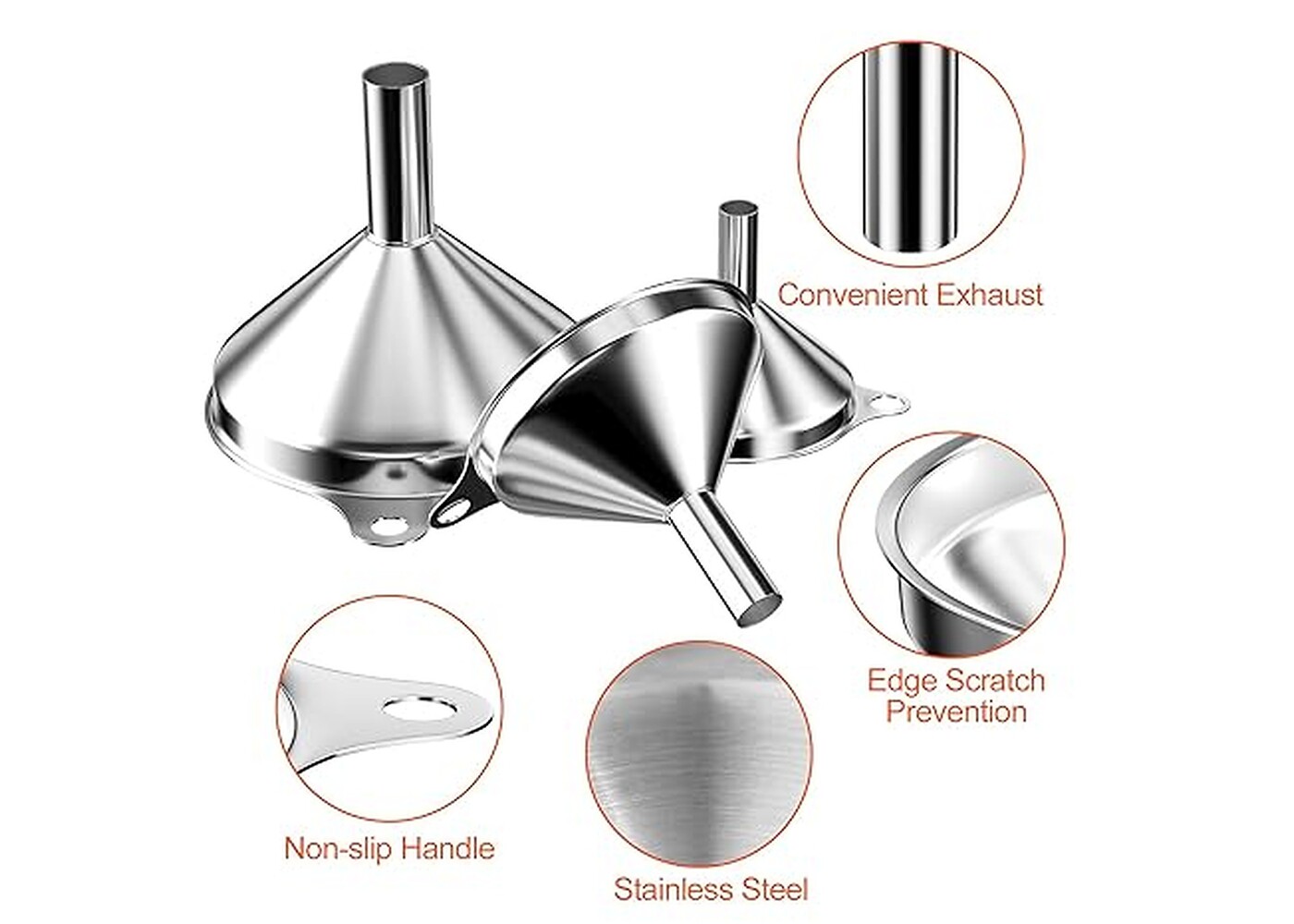 Rexar Stainless Steel Funnel Set with Cleaning Brushes – 3 Sizes (4.5, 5.5 and 7.5 cm)