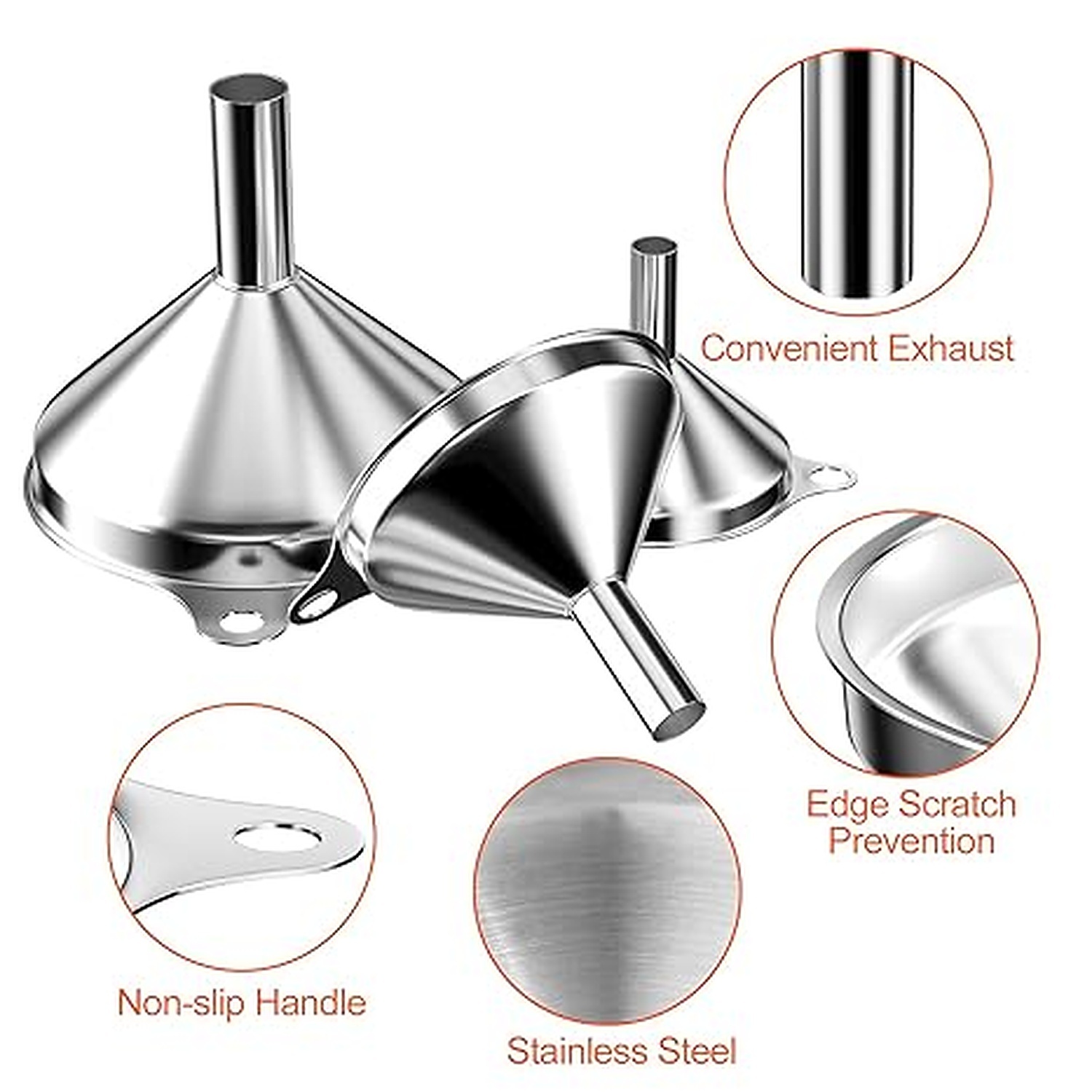 Rexar Stainless Steel Funnel Set with Cleaning Brushes – 3 Sizes (4.5, 5.5 and 7.5 cm)