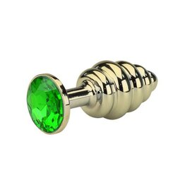 Geribbelde Gouden Aluminium Buttplug - Smaragd