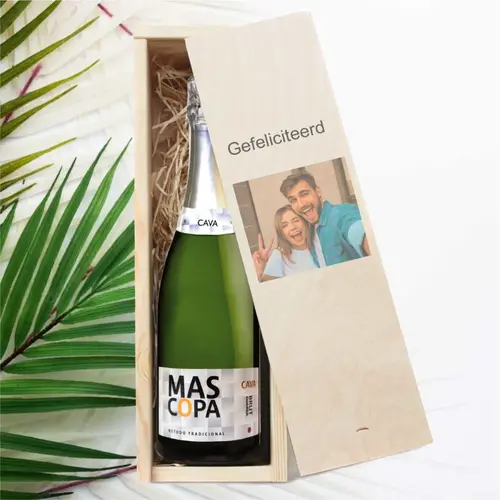 Cava in houten kist met foto
