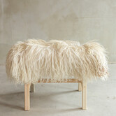 Uniek Gefotografeerd Houten Bankje met Schapenvacht - Krul/Bergschaap - 70x20x46 cm (LxBxH) - BNK-32