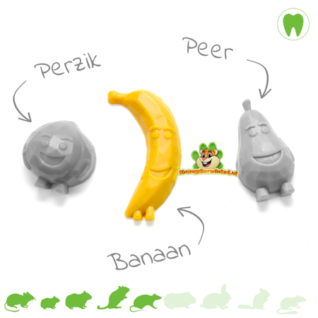 Mezcla de frutas masticables con plátano, melocotón y pera para roedores