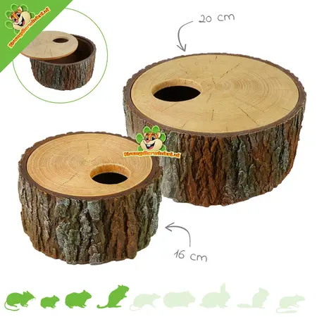 Refugio en un tronco de árbol con techo desmontable para pequeños roedores.