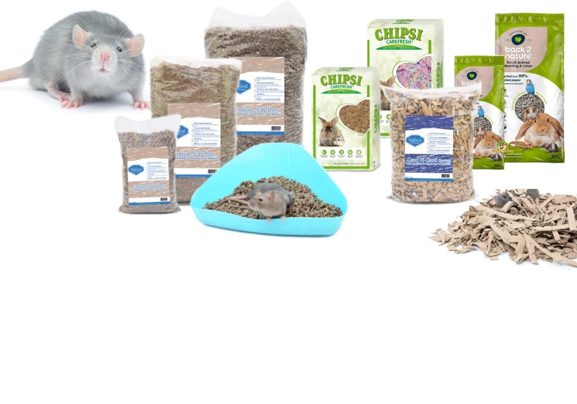 bodembedekkers voor tamme ratten van katoen, papier, tot karton en katoenkorrels