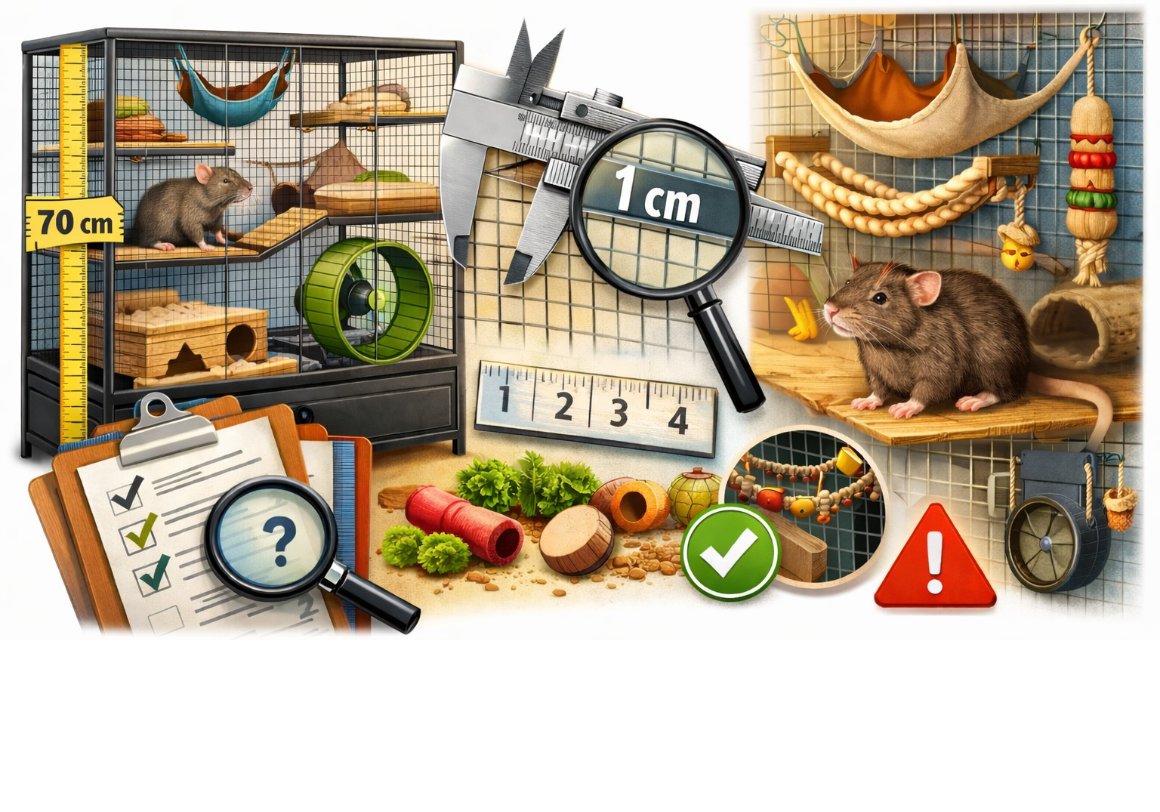 Domestic rat with explanation on choosing a rat cage and setting it up safely