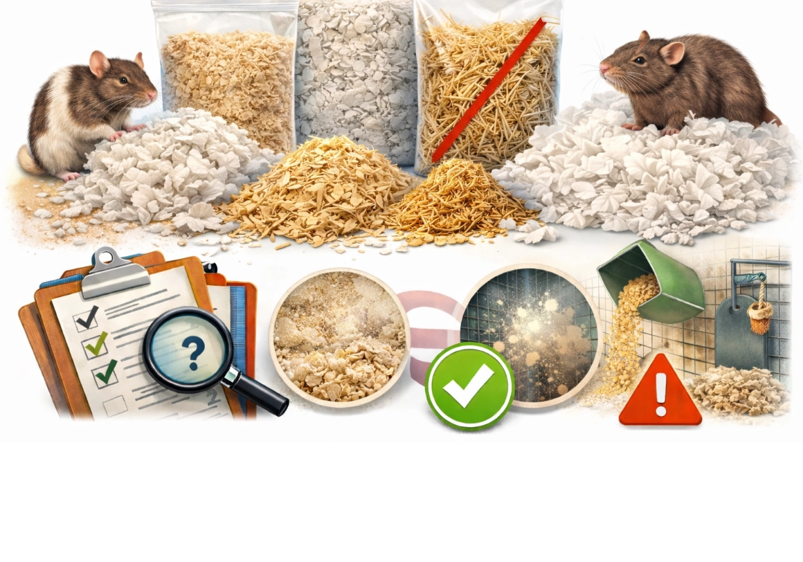 Domestic rat with explanation about low-dust bedding