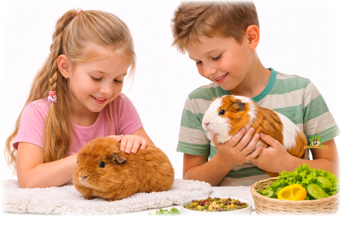 cavia's tam maken doe je zo - twee cavia's bij kinderen in de armen