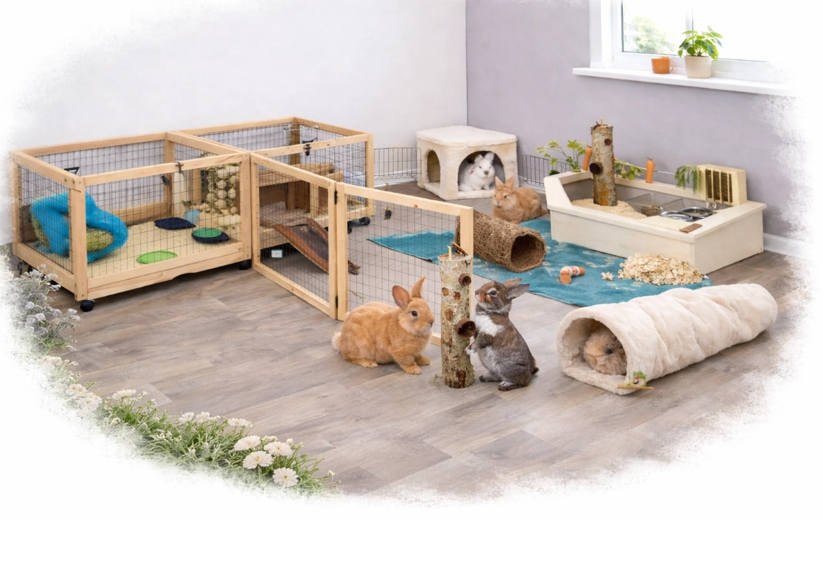 Equipar la habitación de los conejos con una jaula, un baño, heno y elementos de enriquecimiento ambiental.