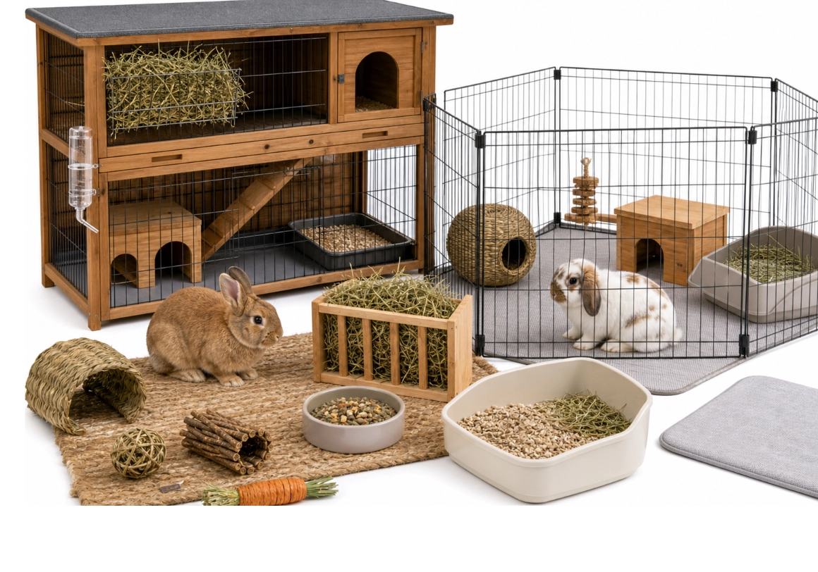 Lapin dans un espace de vie sécurisé avec choix entre une cage, un enclos ou une pièce dédiée.
