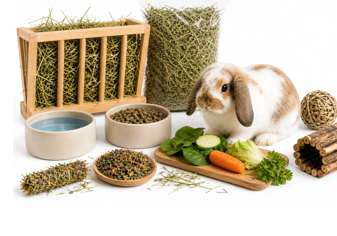 Conejo: guía de alimentación con heno, pienso, hierbas y golosinas.