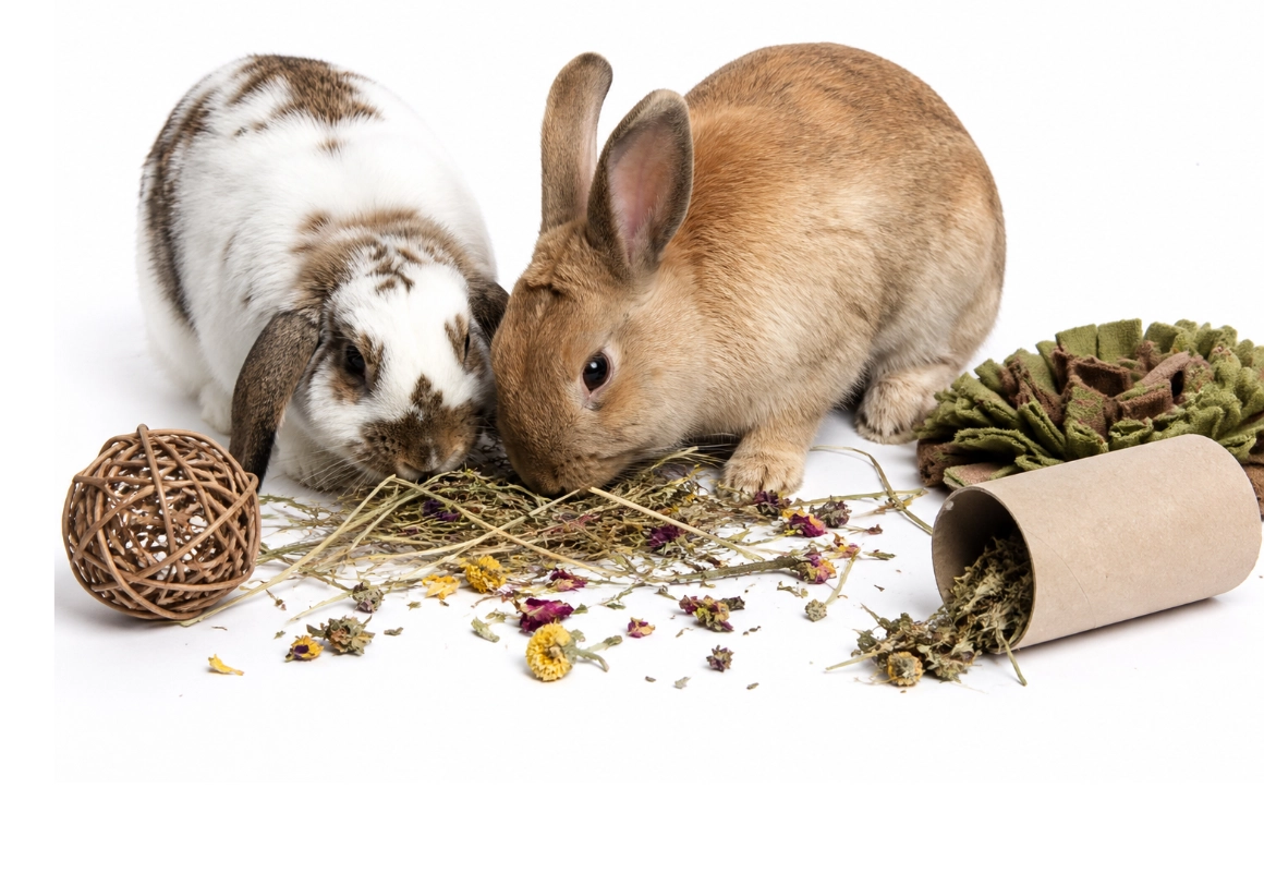 Lapin à la recherche de nourriture, d'herbes et de foin