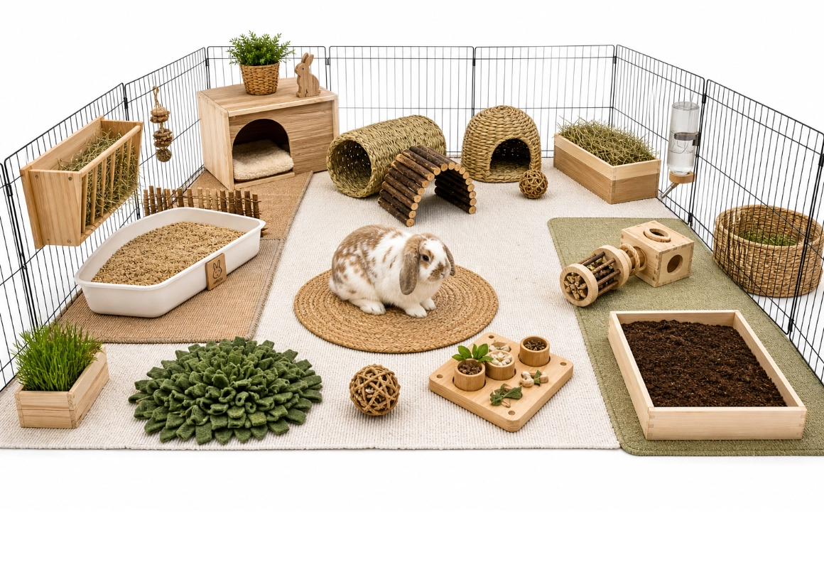 Rabbit in a safe rabbit room with grip, toilet, and hiding places