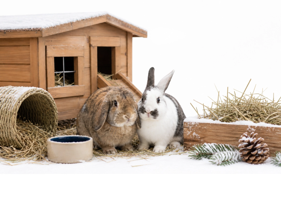 Rabbits in winter with straw, shelter, and daily checks
