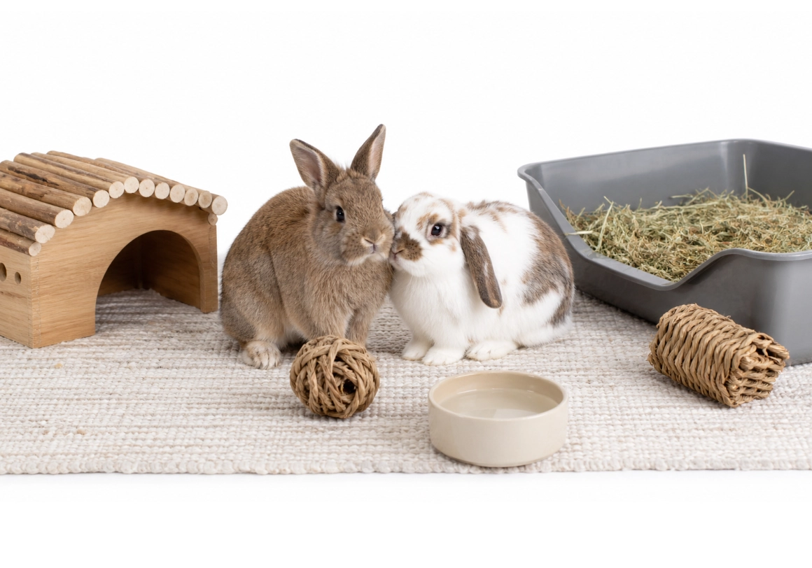 Keep rabbits indoors with grip, toilet, hay, and hiding places