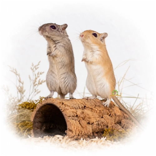 twee mongoolse gerbils staan rechtop op een kurktunnel uit te kijken over hun territorium