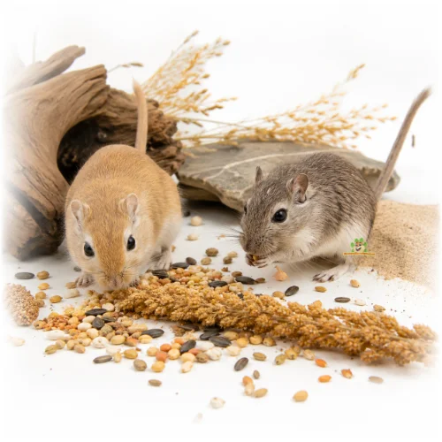 gerbils zijn samen zaden en trosgierst aan het eten