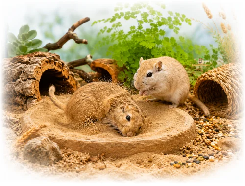 twee mongoolse gerbils zijn lekkere aan het badderen in een zandbad met chinchillazand om hun vacht te verzorgen