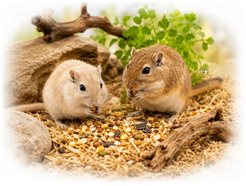 twee mongoolse gerbils zijn lekker zaadjes aan het eten uit hun gerbilvoer