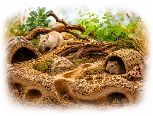 twee mongoolse gerbils in een gerbilscaping verblijf