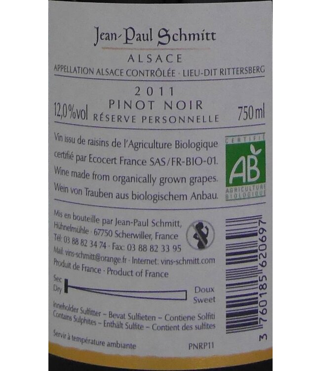 Domaine Jean Paul Schmitt - Pinot Noir Rittersberg Réserve Personnelle
